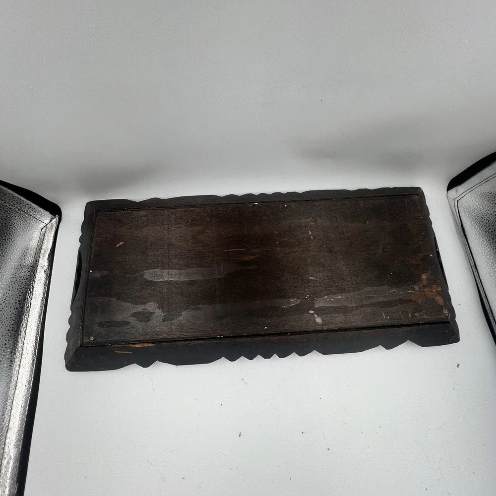 Vintage Hand Carved Mexican Folk Art Wood Serving Tray Ceramic Tiles 20 x 9 in